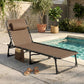 Brown folding chaise lounge chair with padded backrest and integrated side pocket