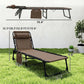 Brown folding chaise lounge with padded backrest, side pocket, and steel base