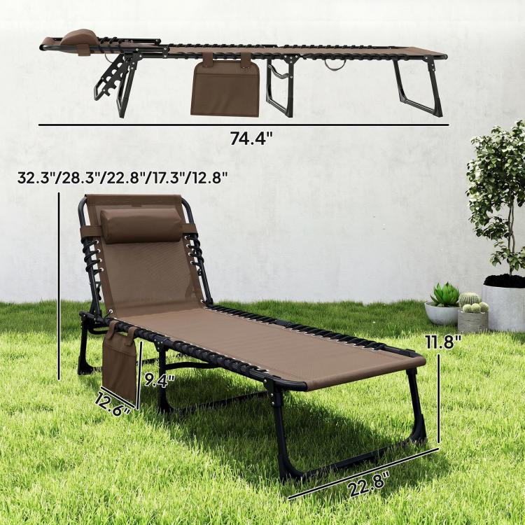 Brown folding chaise lounge with padded backrest, side pocket, and steel base