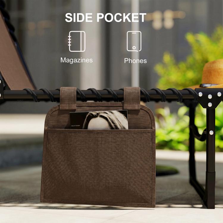 Brown side pocket attached to folding chaise lounge frame