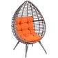 Teardrop egg chair with grey rattan frame and orange padded cushion
