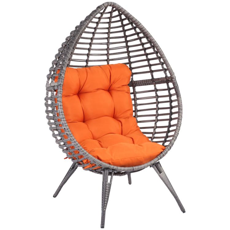 Teardrop egg chair with grey rattan frame and orange padded cushion
