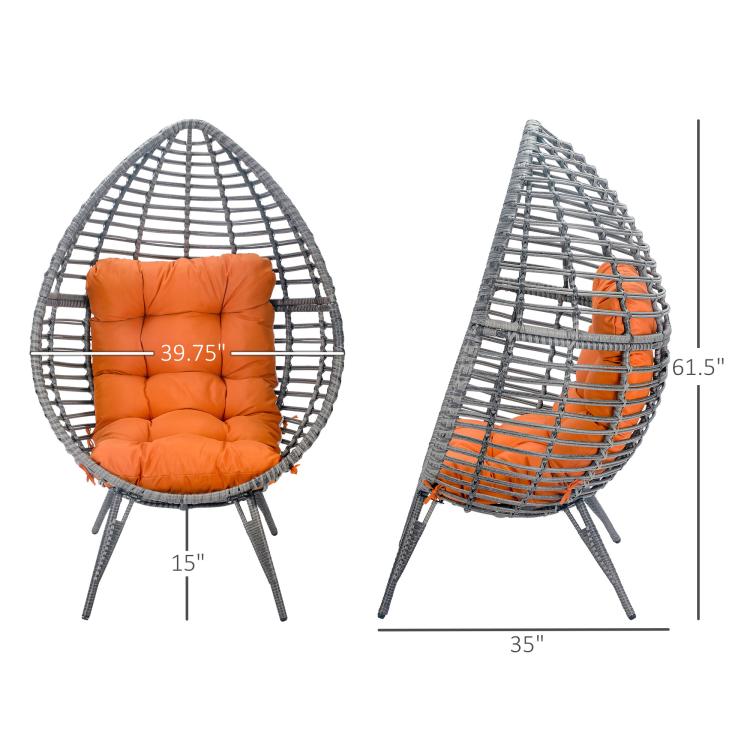 Egg chair with orange cushion, showing front and side profile dimensions