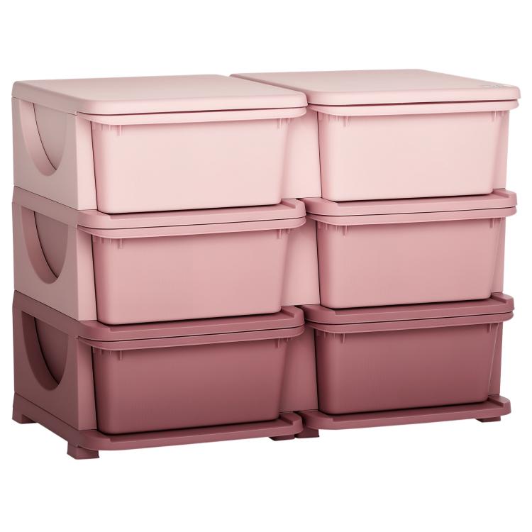 Pink 3-tier kids storage organizer with six fabric drawer bins and rounded lids