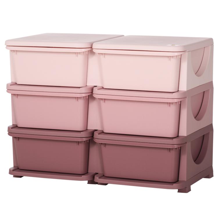 Pink 3-tier storage organizer with six drawer bins, front view with rounded handles