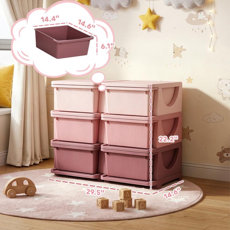 Pink 3-tier kids storage organizer on an elevated base with six drawer bins