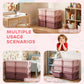 Pink 3-tier storage organizer with six drawer bins shown in multiple room setups