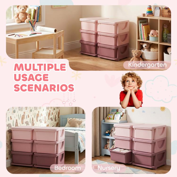 Pink 3-tier storage organizer with six drawer bins shown in multiple room setups