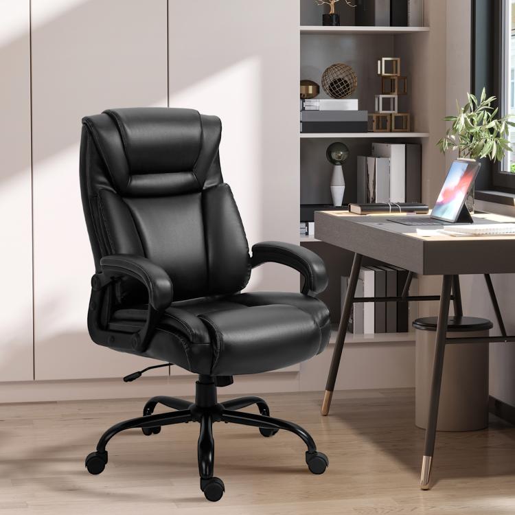 Black high-back executive office chair with padded arms and ergonomic seat on swivel casters