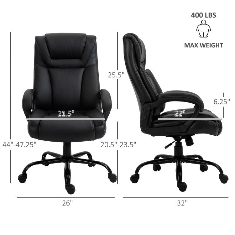 Black high-back office chair with wide seat, padded arms, and swivel base