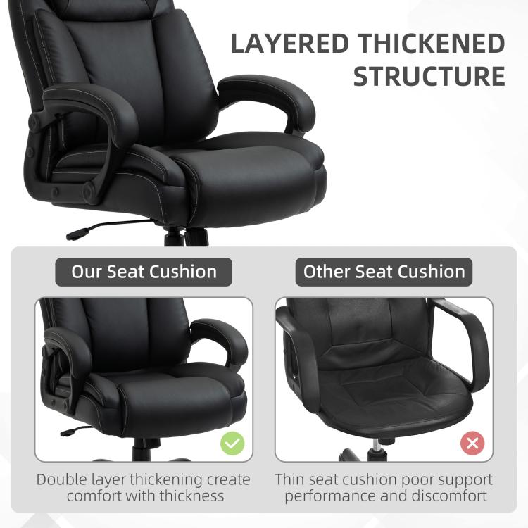 Black executive chair with thickened layered seat cushion and high back