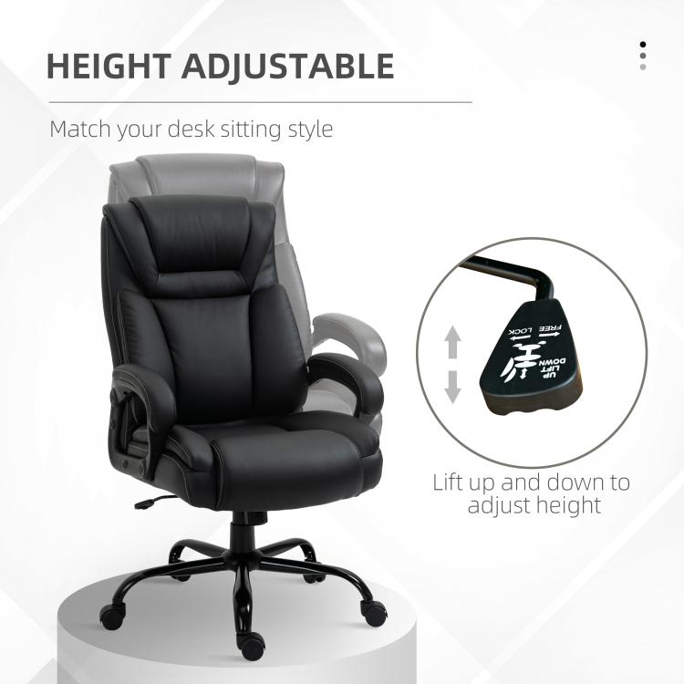 Black high-back office chair with height adjustment lever and swivel base