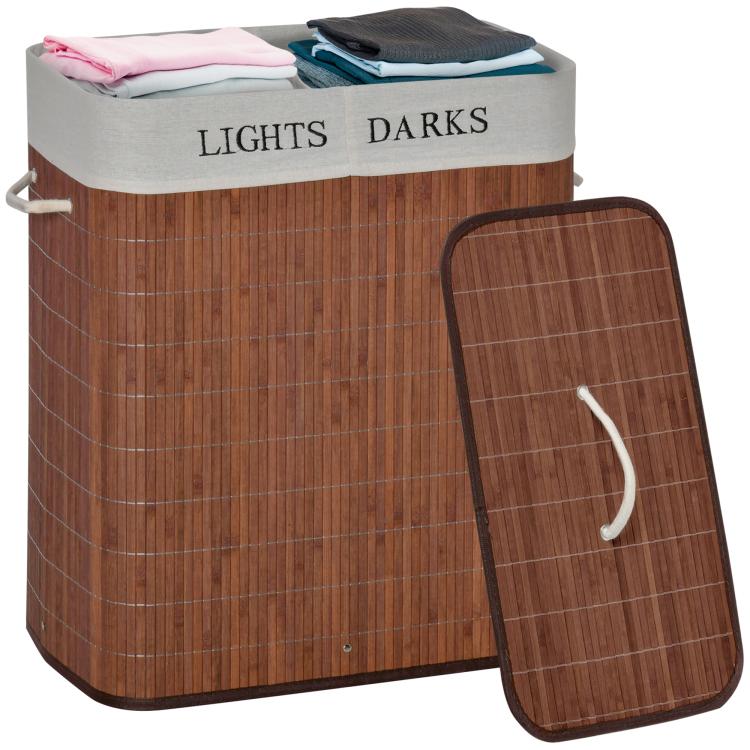 Brown bamboo laundry basket with lid and curved string handle, collapsible design