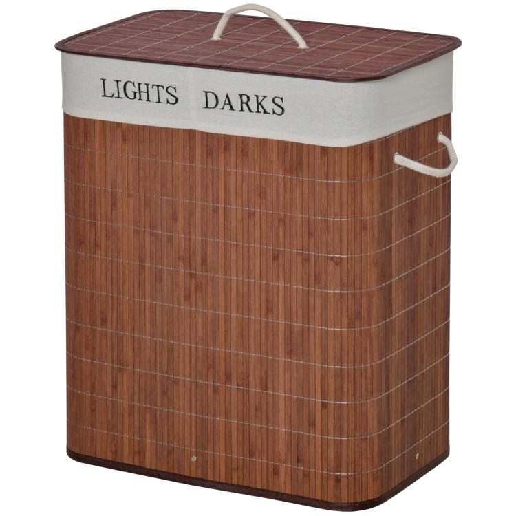 Brown bamboo laundry hamper with white lid, front string handle, collapsible square base