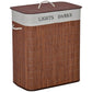Brown bamboo laundry hamper with lid labeled LIGHTS/DARKS and string handle