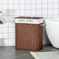 Brown bamboo laundry basket with lid and side handle, standing in bathroom setting
