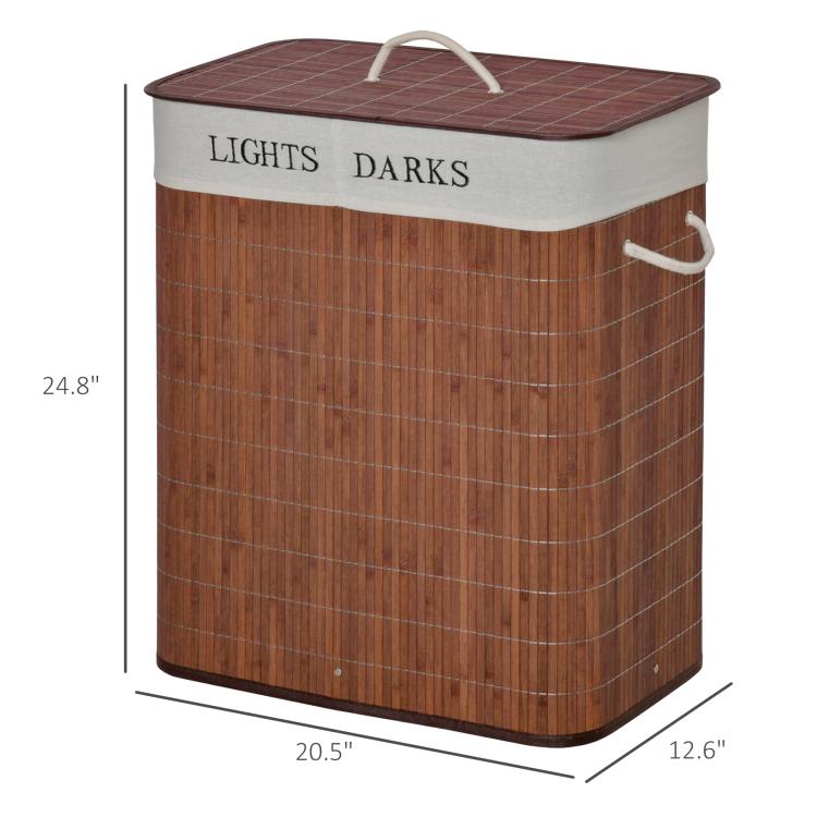 Brown bamboo laundry basket with lid and string handle, with overall size view