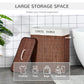 Brown bamboo laundry basket with lid and side handle, open-lid view showing interior