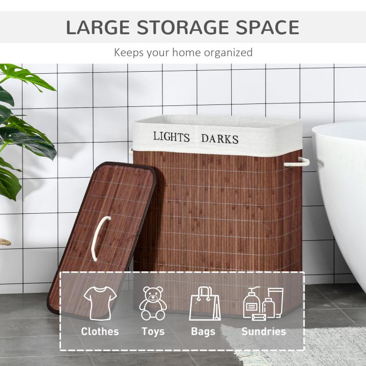 Brown bamboo laundry basket with lid and side handle, open-lid view showing interior