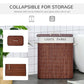 Collapsible brown bamboo laundry hamper with lid, showing folded compact form inset