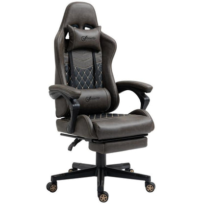 Dark brown gaming chair with diamond stitching, high back, and slide-out footrest