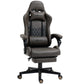 Dark brown gaming chair with high back, diamond quilted panels, and footrest