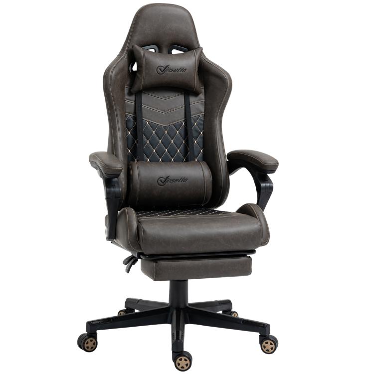 Dark brown gaming chair with high back, diamond quilted panels, and footrest
