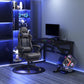 Dark brown racing gaming chair with extended footrest and tall padded back