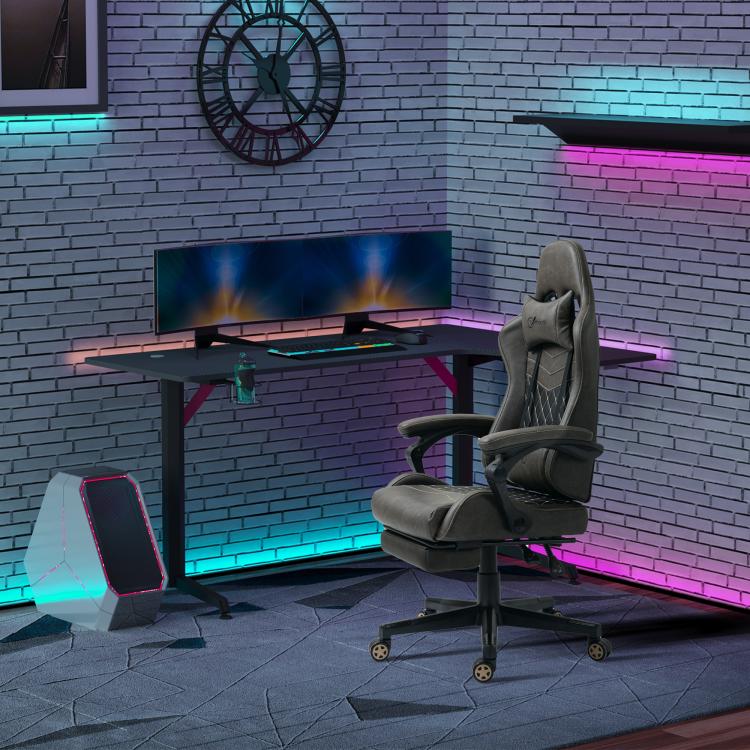 Dark brown racing gaming chair with reclined high back and padded armrests
