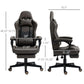 Dark brown gaming chair with footrest and adjustable height, front and side views