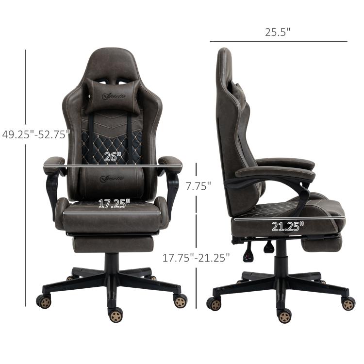 Dark brown gaming chair with footrest and adjustable height, front and side views