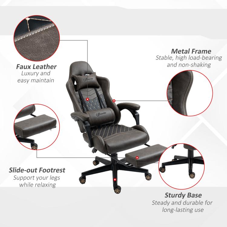 Dark brown gaming chair with slide-out footrest, faux leather look, sturdy base