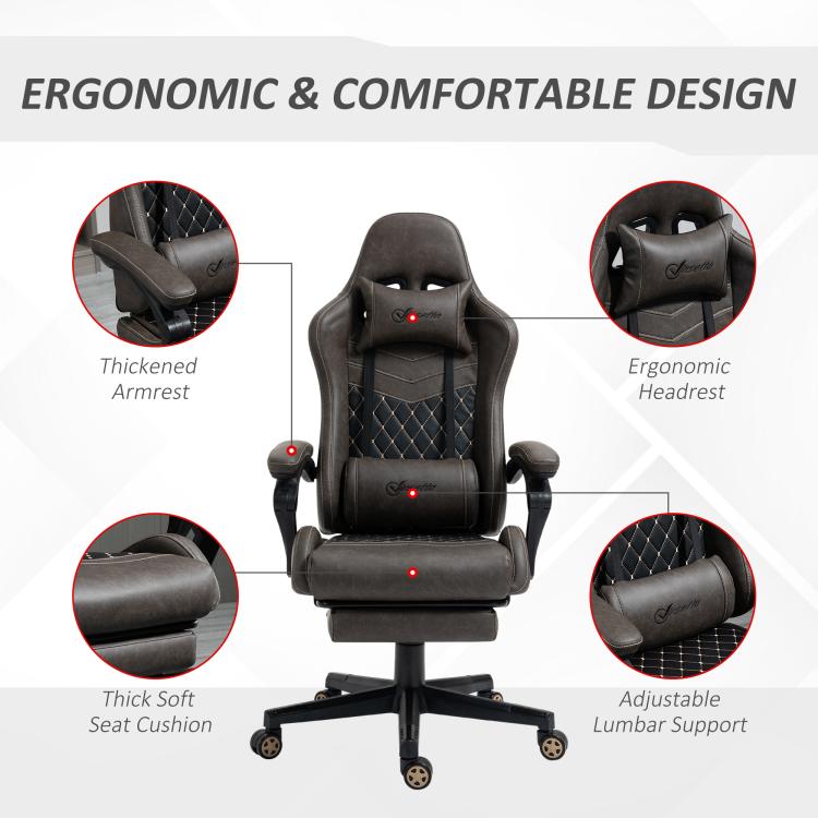 Dark brown ergonomic gaming chair with adjustable lumbar support and cushioned headrest