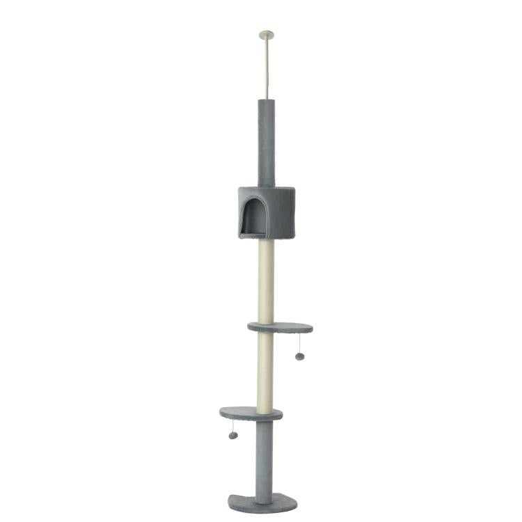 Grey cat tree with four levels, sisal posts, and cushioned square condo