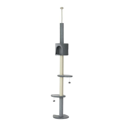 Grey cat tree with four levels, sisal posts, and cushioned square condo