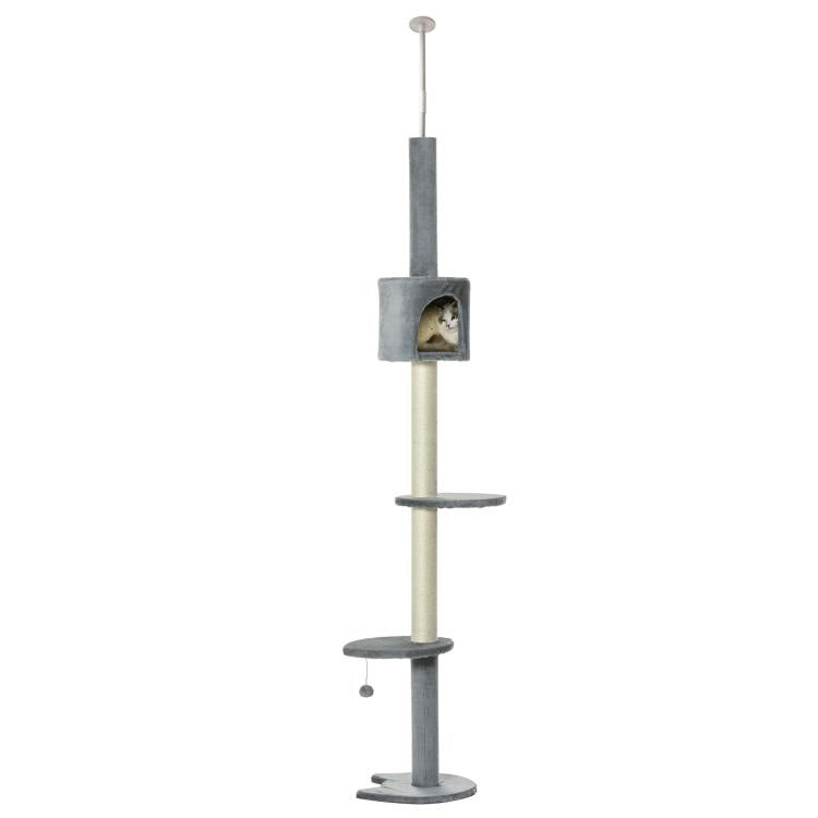 Grey and beige cat tree with condo opening and three round perch platforms