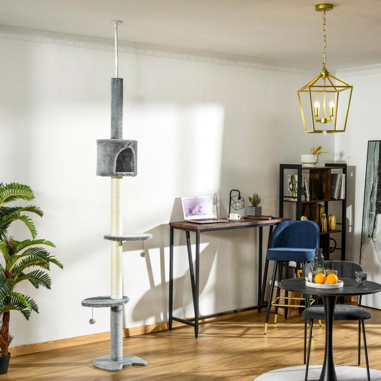 Tall grey-and-beige floor-to-ceiling cat tree with multiple perches and top condo