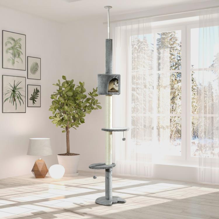 Grey-and-beige floor-to-ceiling cat tree with round platforms and cushioned condo