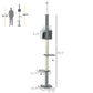 Height-adjustable grey cat tree diagram with condo and three round platforms