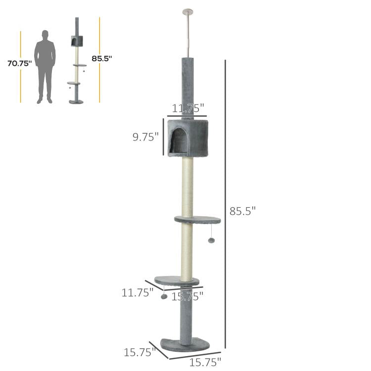 Height-adjustable grey cat tree diagram with condo and three round platforms
