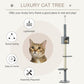 Illustrated tall grey cat tree with condo and three round perch platforms