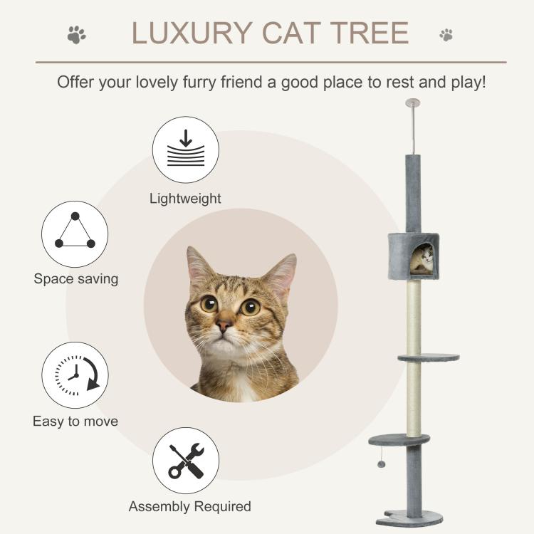 Illustrated tall grey cat tree with condo and three round perch platforms