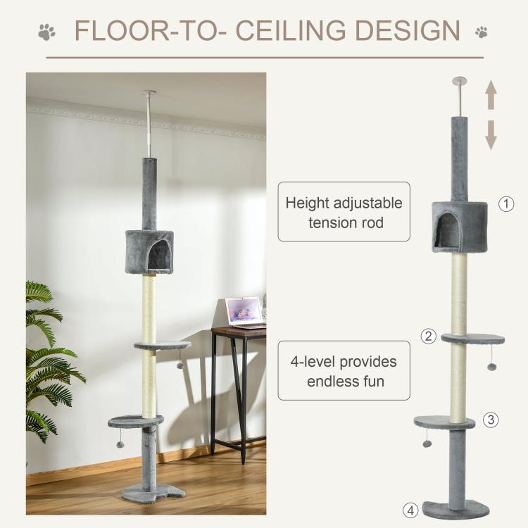 Floor-to-ceiling cat tree with height-adjustable tension rod, grey condo and platforms