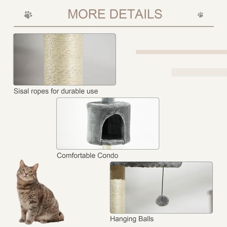 Cat tree details showing sisal rope posts, grey condo, and hanging ball toy
