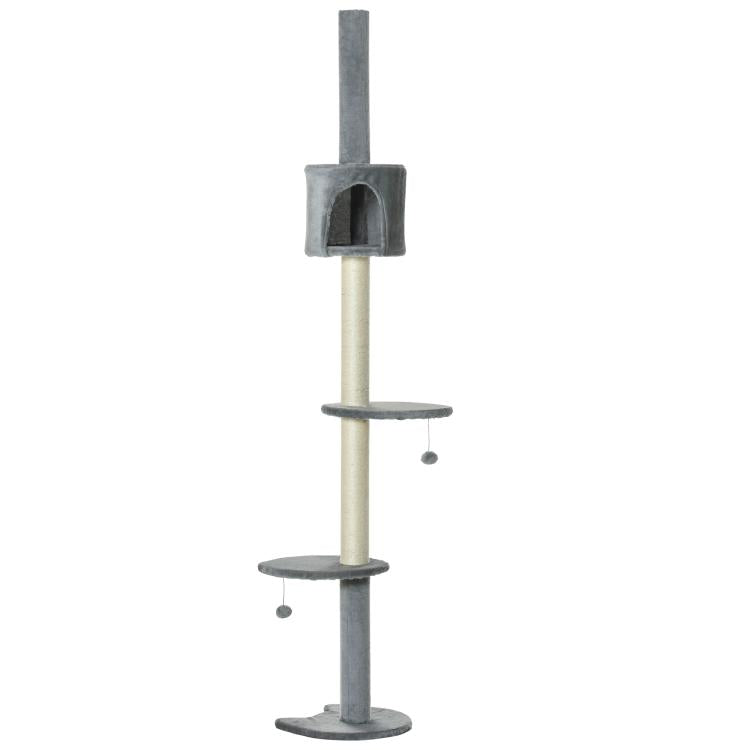 Grey cat tree with stacked round platforms and top square condo