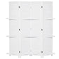 White 4-panel folding privacy screen divider with three shelves and storage