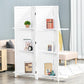 White folding privacy screen divider with built-in shelves for decor, standing in room