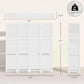 White folding privacy screen divider panels with shelving, size diagram shown