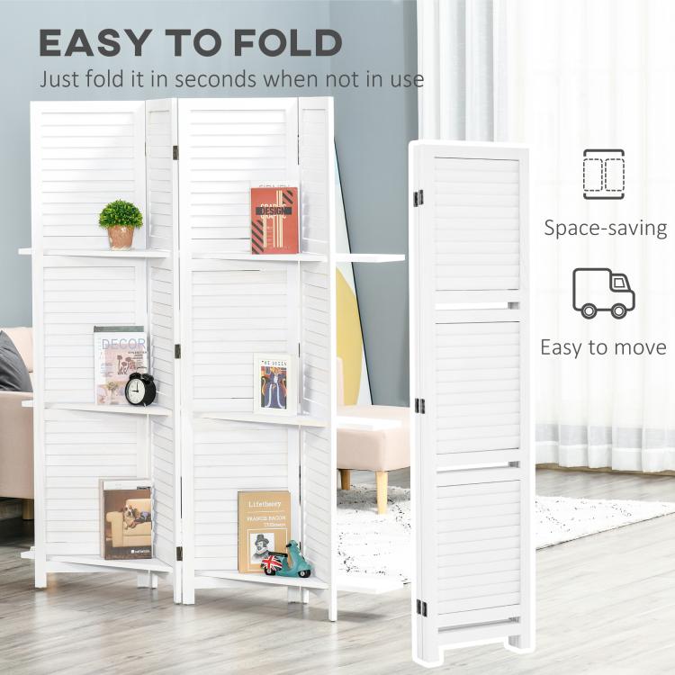 White folding 4-panel privacy screen divider shown partly folded beside shelves