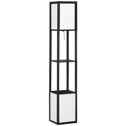 Black standing shelf floor lamp with vertical frame and three open storage sections